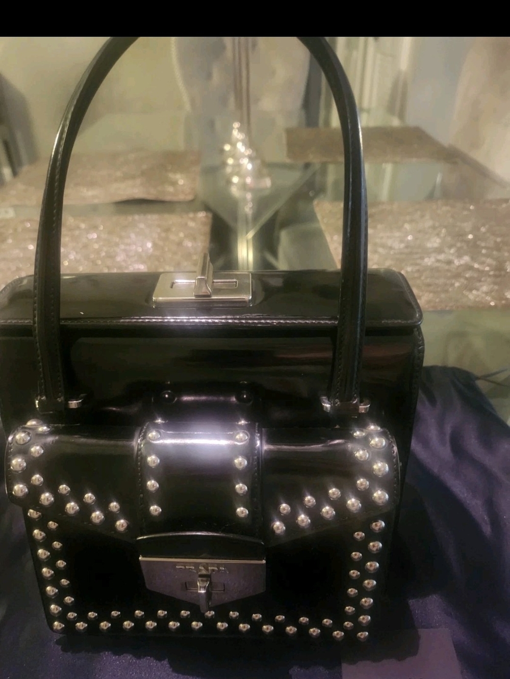 Prada Black Patent Leather Studded Top-Handle Satchel - Picture 3 of 5